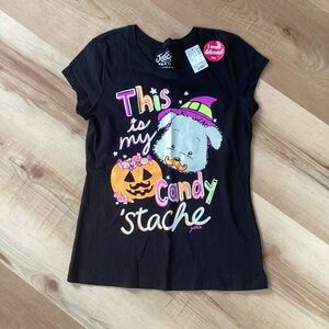 NWT Justice black Halloween T-shirt | girls 14 | candy stache fall funny glitter